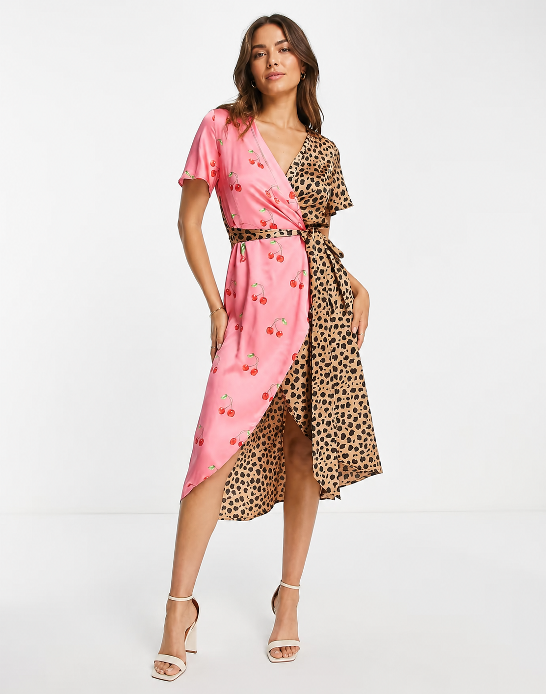 Never Fully Dressed Womens Contrast Wrap Midi Dress in Cherry Leopard Print