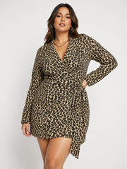 Never Fully Dressed Plus Womens Blazer Wrap Mini Dress in Leopard Print