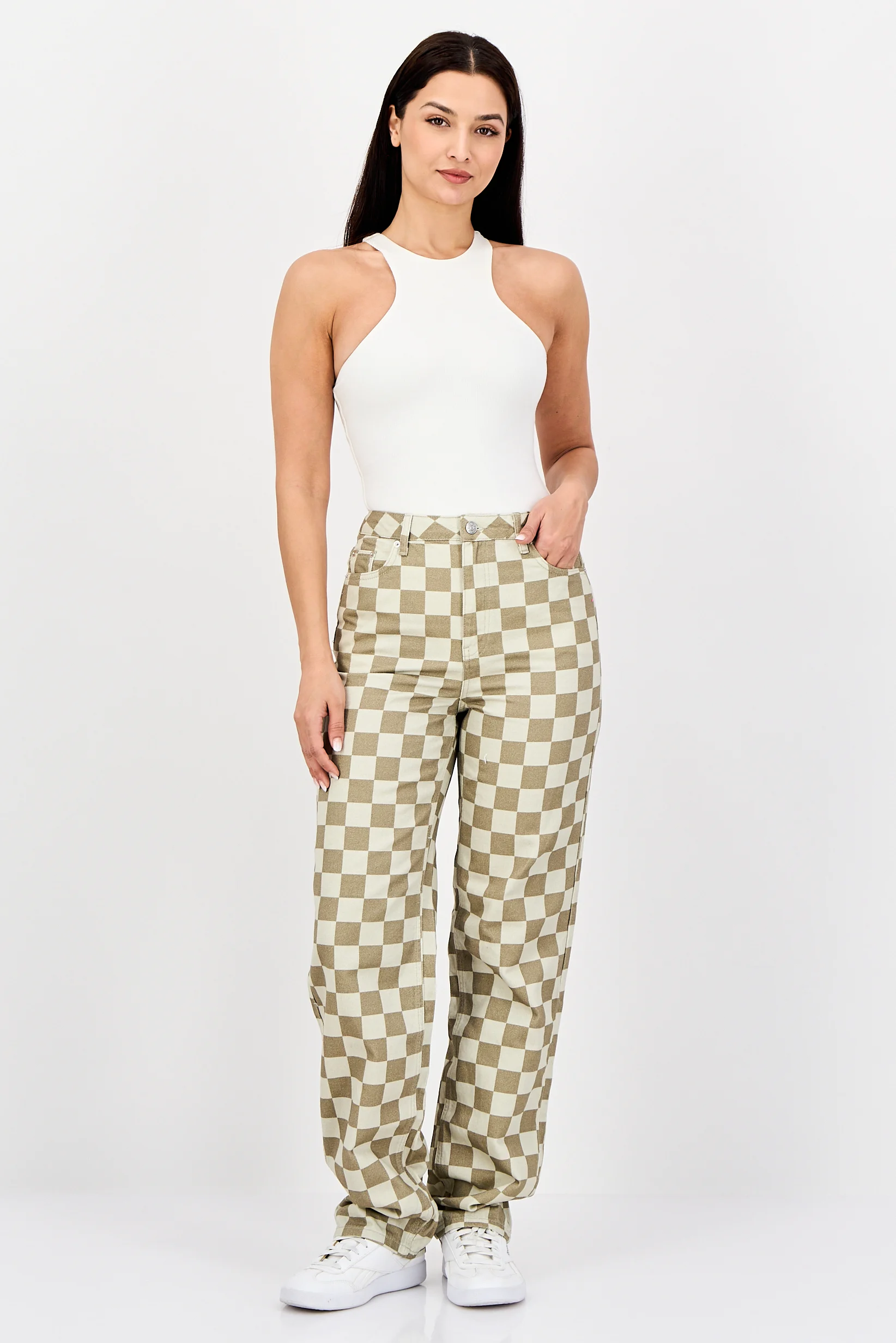 Na-Kd Womens X Olivia Lvs Checkerboard Straight Leg Jeans in Beige
