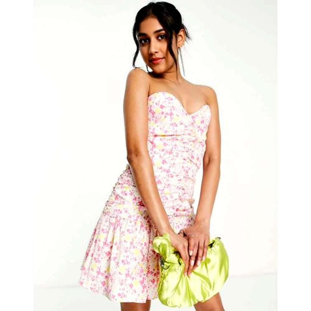 Collective The Label Womens Petite Ruched Bandeau Mini Dress in Bright Ditsy Floral