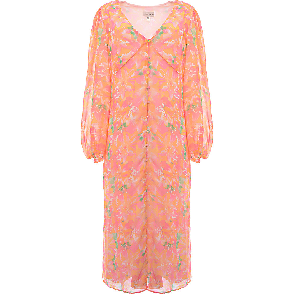 Pretty Lavish Women's Pink & Orange Floral Balloon Sleeve Midaxi Dress