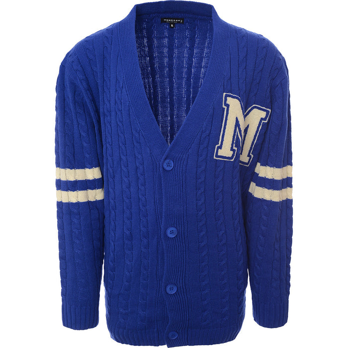 Mennace Mens Blue Varsity Knitted Cardigan with Off-White Embroidery