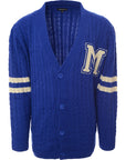 Mennace Mens Blue Varsity Knitted Cardigan with Off-White Embroidery