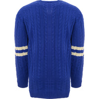 Mennace Mens Blue Varsity Knitted Cardigan with Off-White Embroidery