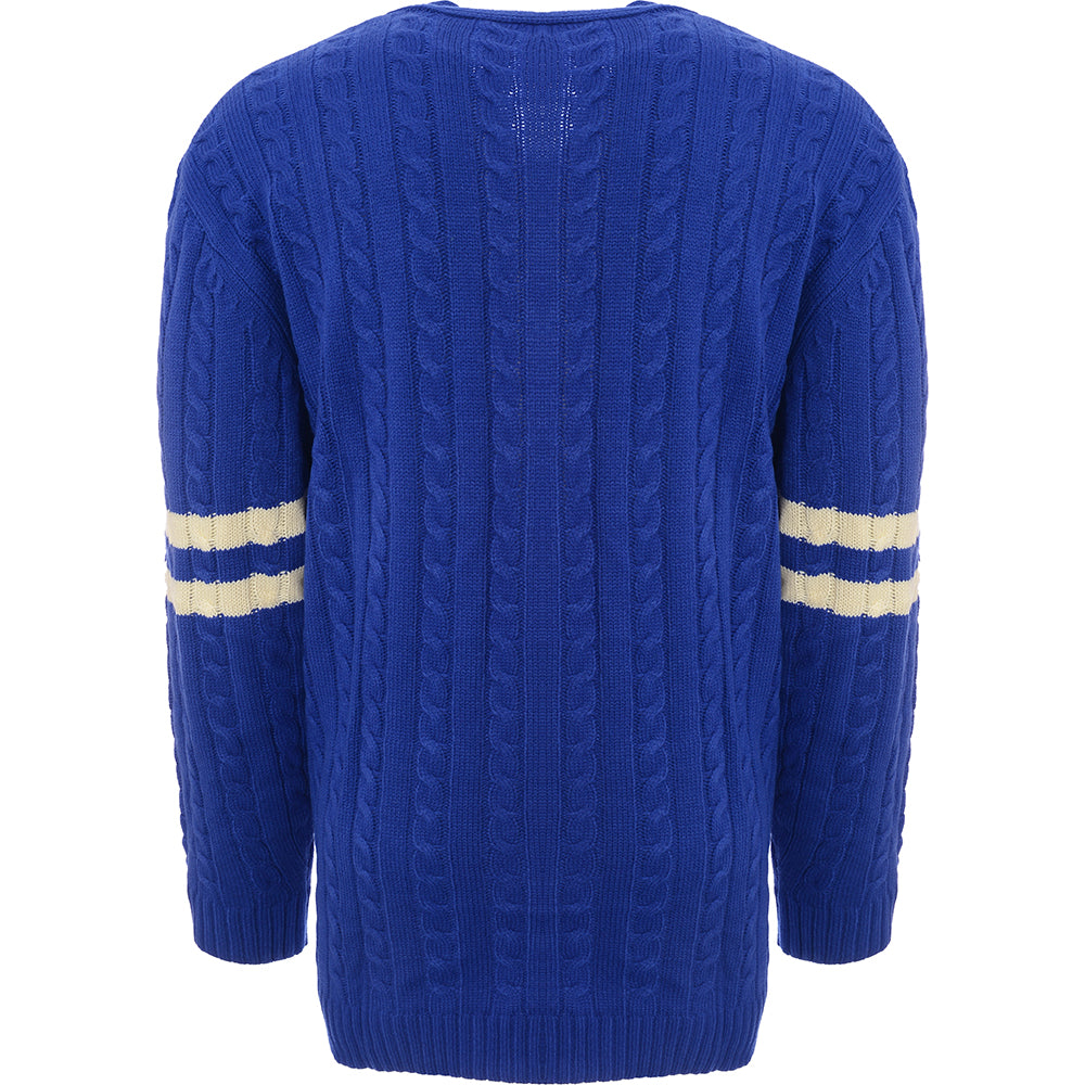 Mennace Mens Blue Varsity Knitted Cardigan with Off-White Embroidery