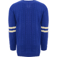 Mennace Mens Blue Varsity Knitted Cardigan with Off-White Embroidery