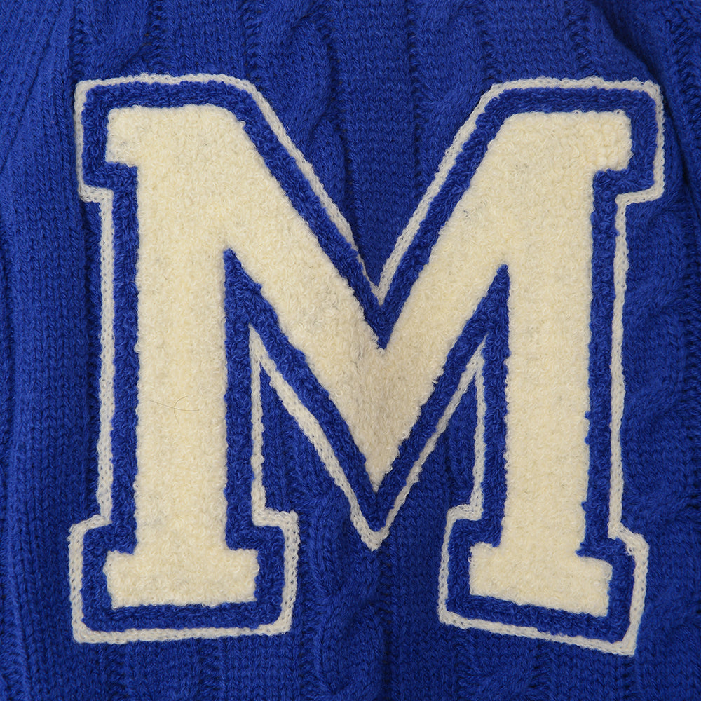 Mennace Mens Blue Varsity Knitted Cardigan with Off-White Embroidery