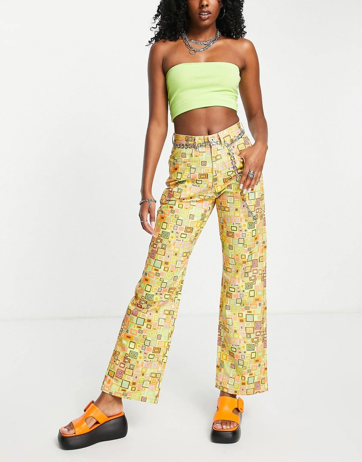 The Ragged Priest Womens High Waisted Mom Trousers in Retro Print With Square Waist Belt