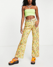 The Ragged Priest Womens High Waisted Mom Trousers in Retro Print With Square Waist Belt
