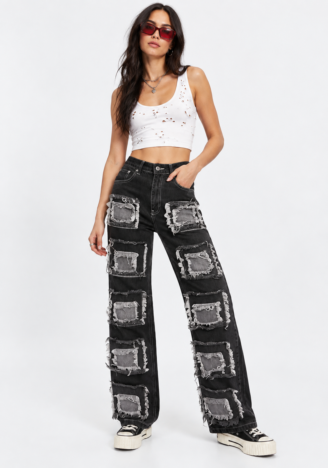 The Ragged Priest Womens Relaxed Straight Leg Patchwork Jeans in Charcoal