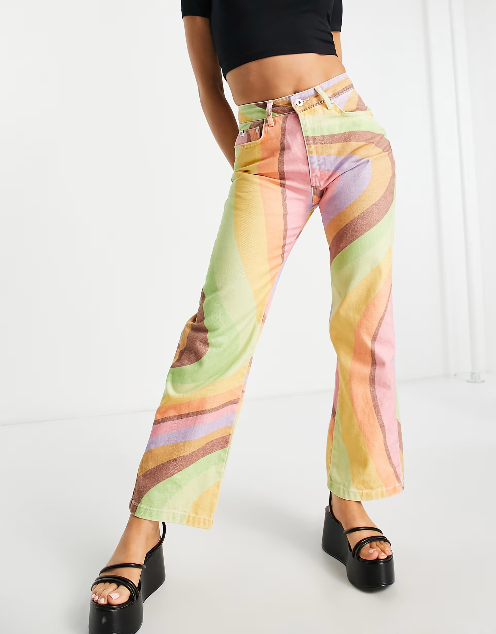 The Ragged Priest Womens High Waisted Straight Leg Jeans In Retro Rainbow Swirl Denim
