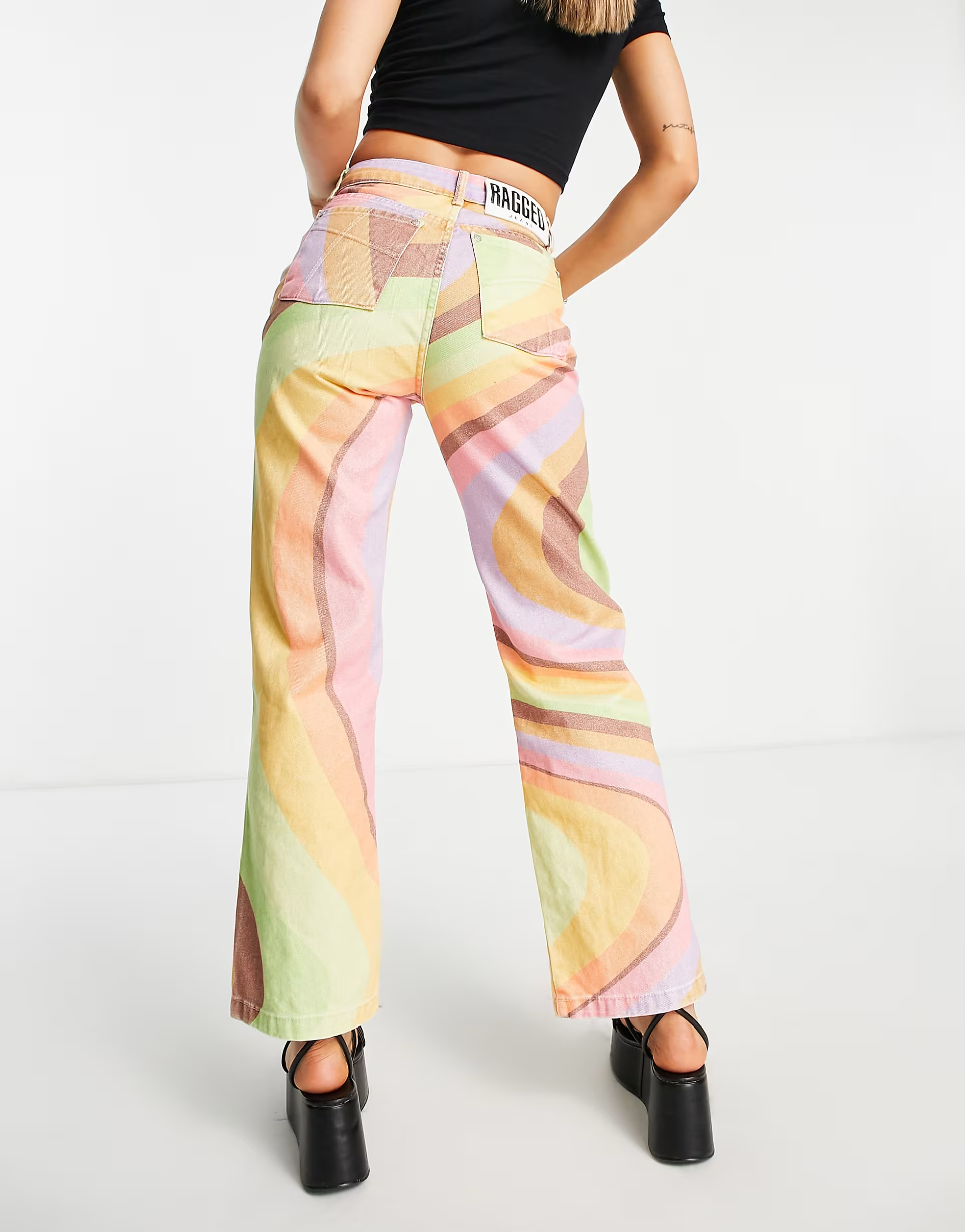 The Ragged Priest Womens High Waisted Straight Leg Jeans In Retro Rainbow Swirl Denim