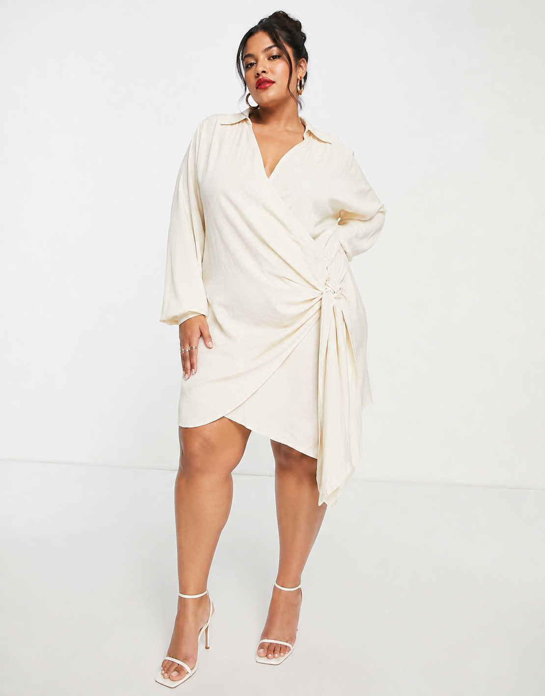 Pretty Lavish Curve Womens Collared Wrap Mini Dress in Sand