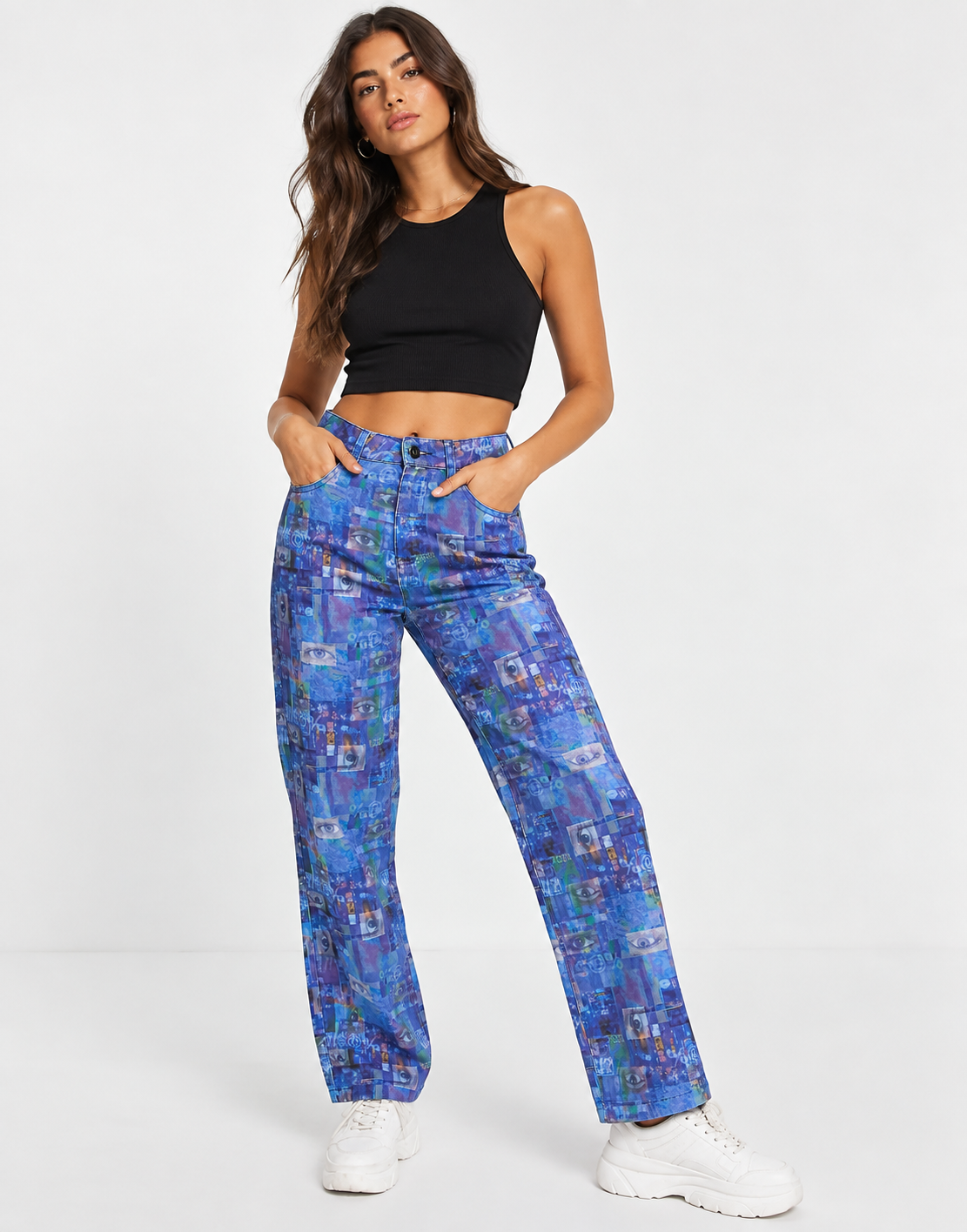 The Ragged Priest Womens Dad Jeans With Blue Collage Print
