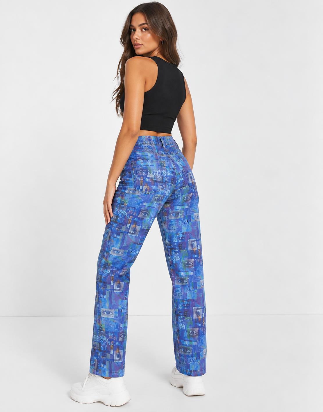 The Ragged Priest Womens Dad Jeans With Blue Collage Print