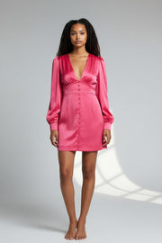 Aria Cove Womens Satin Plunge Front Volume Sleeve Mini Dress In Pink