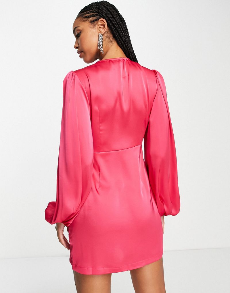 Aria Cove Womens Satin Plunge Front Volume Sleeve Mini Dress In Pink