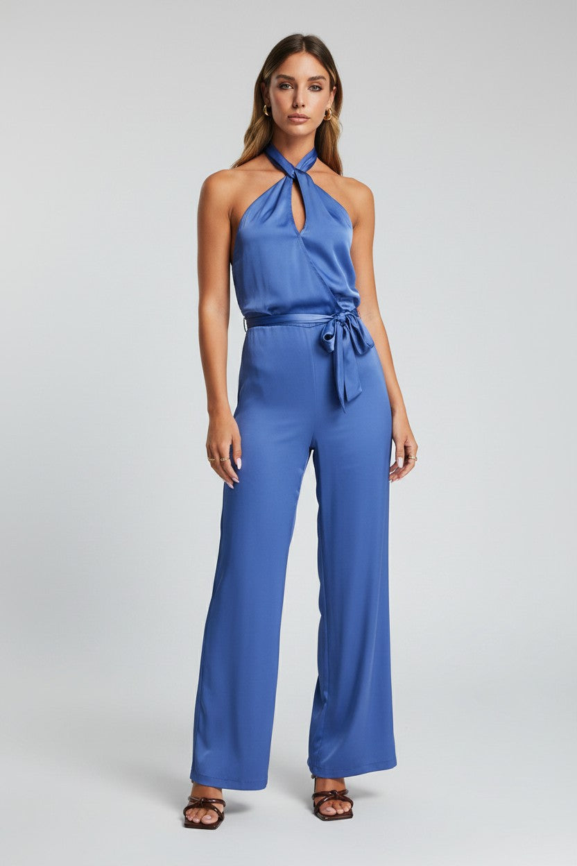 Aria Cove Womens Satin Halterneck Belted Wide Leg Jumpsuit in Cobalt