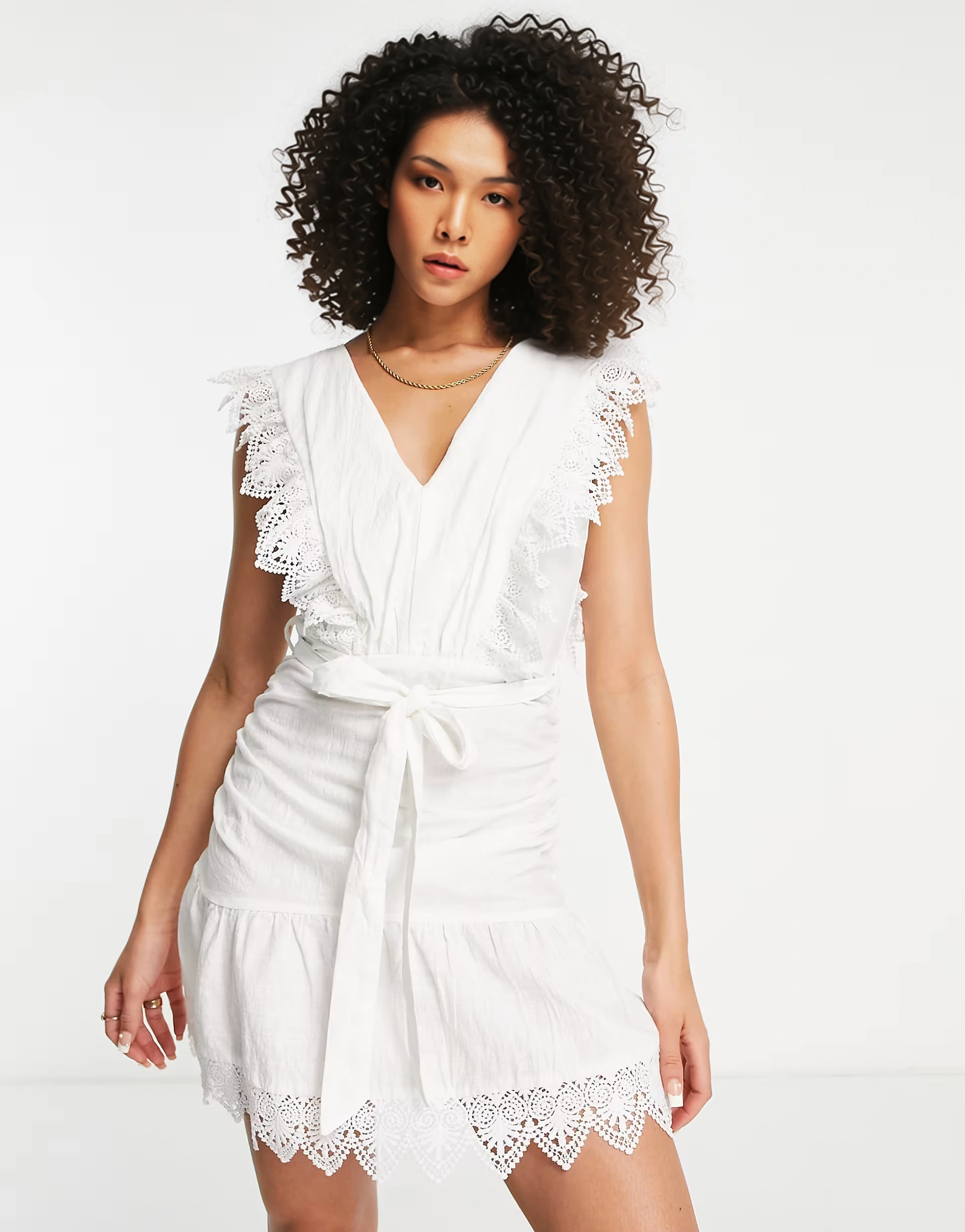 Womens Parisian Petite Tie Waist Broderie Mini Dress In White