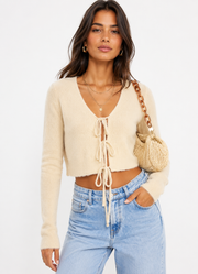 Glamorous Womens Tie Front Cropped Cardigan in Stone