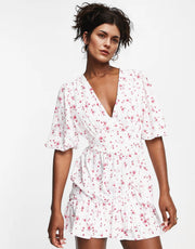 in The Style Womens X Perrie Sian Puff Sleeve Frill Wrap Detail Mini Dress in White