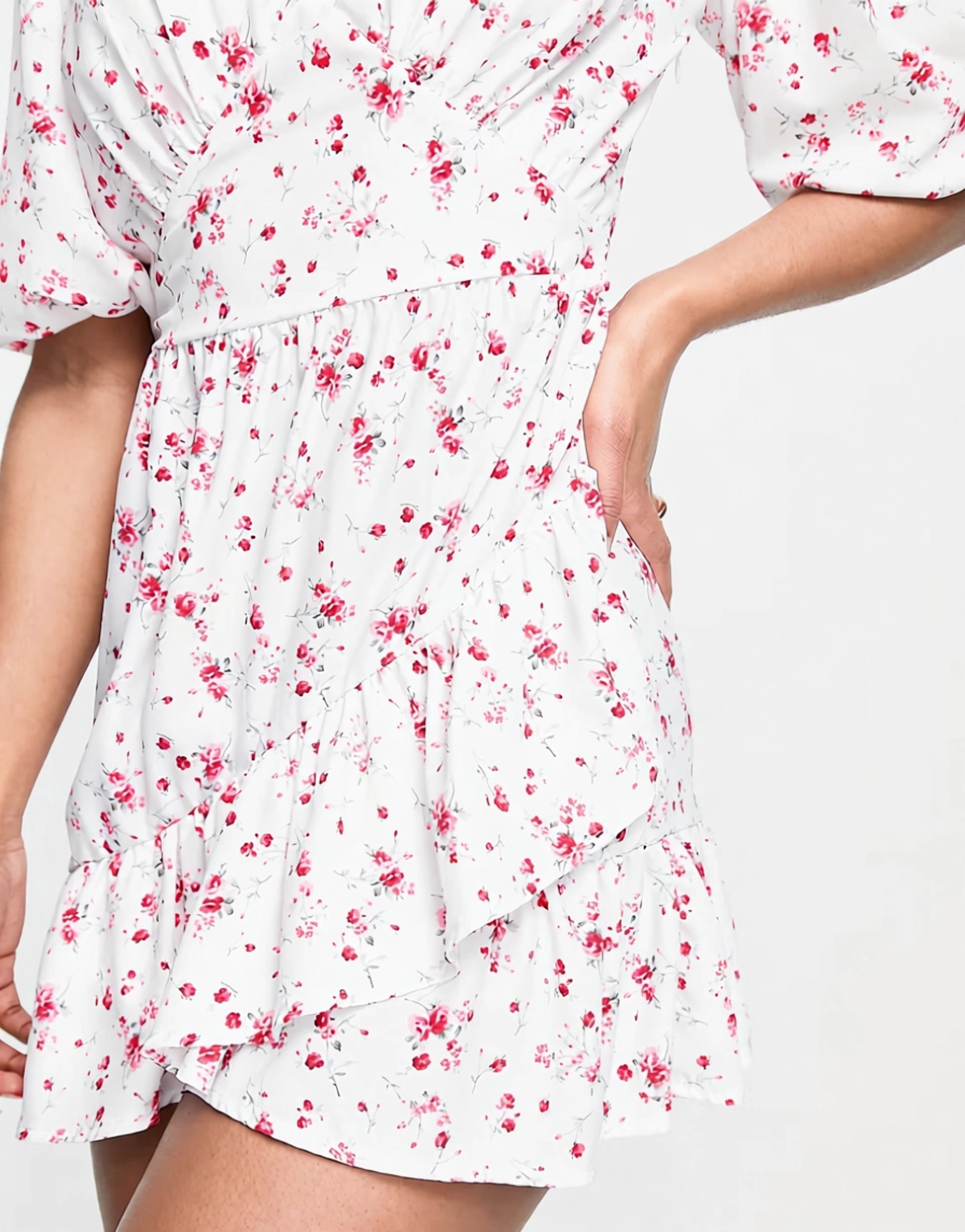 in The Style Womens X Perrie Sian Puff Sleeve Frill Wrap Detail Mini Dress in White