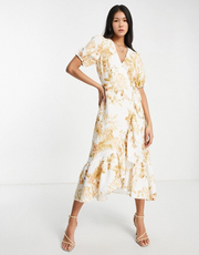 Womens Forever New Puff Sleeve Wrap Midi Dress In Ivory And Gold Floral