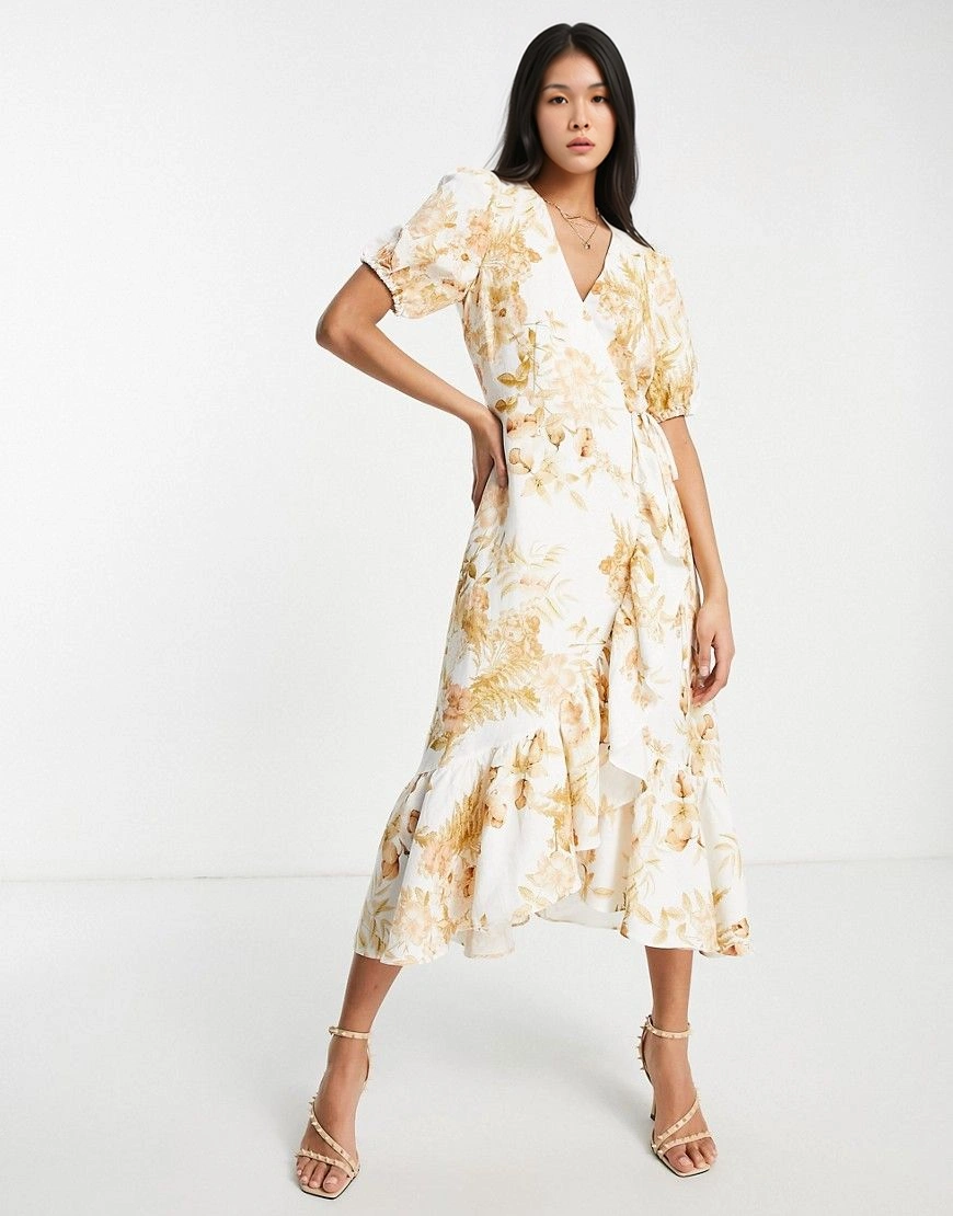 Womens Forever New Puff Sleeve Wrap Midi Dress In Ivory And Gold Floral