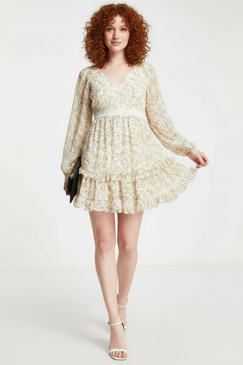 Forever New Petite Womens Lace Open Back Mini Dress in Yellow Floral