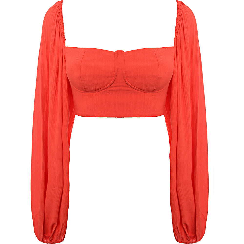 Trendyol Women&#39;s Red Square Neck Crop Top with Balloon Sleeves