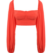Trendyol Women's Red Square Neck Crop Top with Balloon Sleeves
