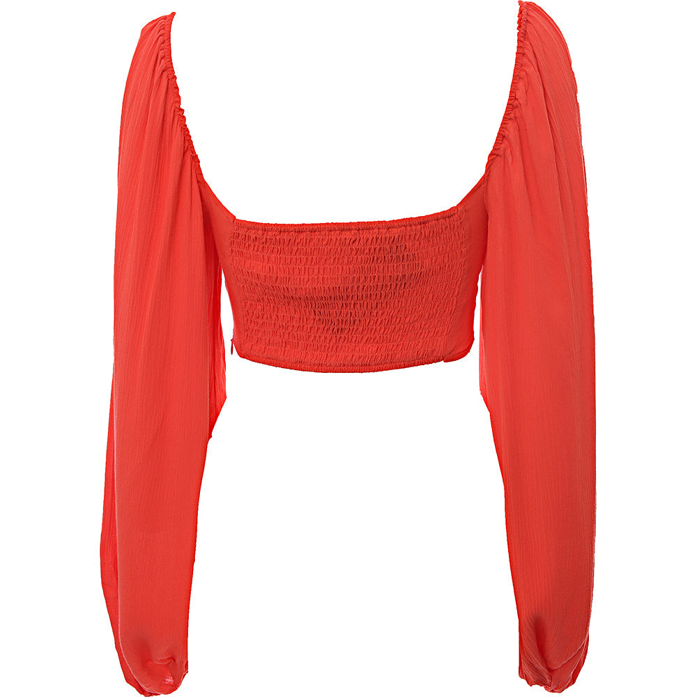 Trendyol Women&#39;s Red Square Neck Crop Top with Balloon Sleeves