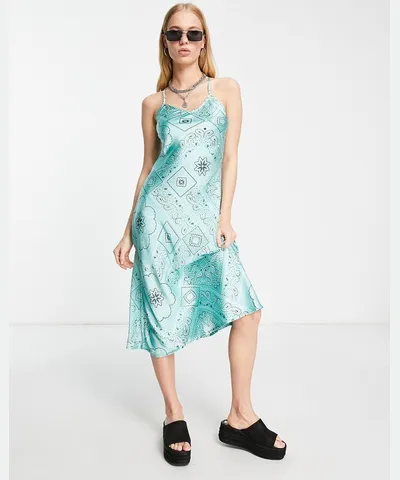 Womens Violet Romance Satin Cami Slip Midi Dress In Bandana Print
