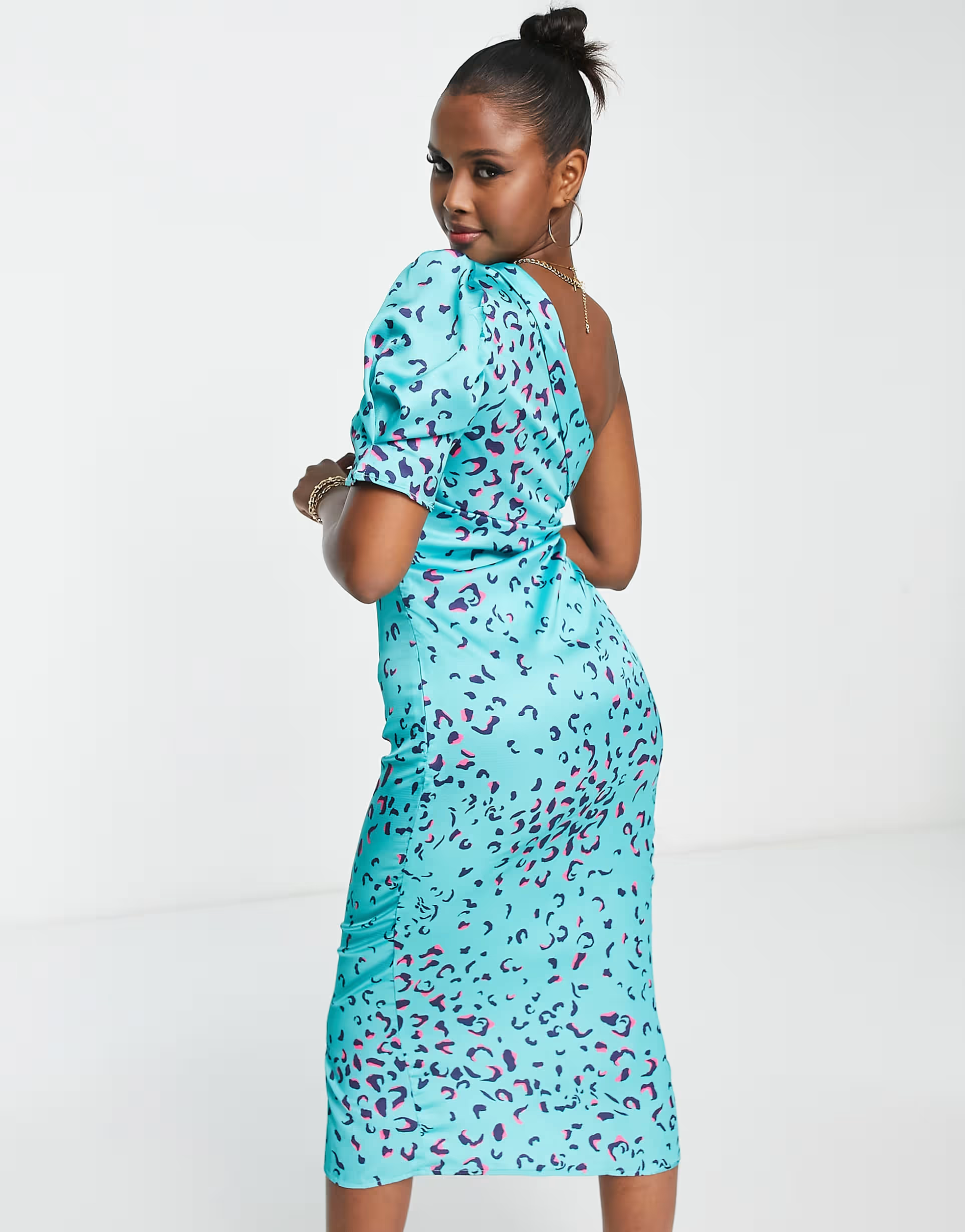 Liquorish Womens One Shoulder Animal Print Midi Dress In Blue