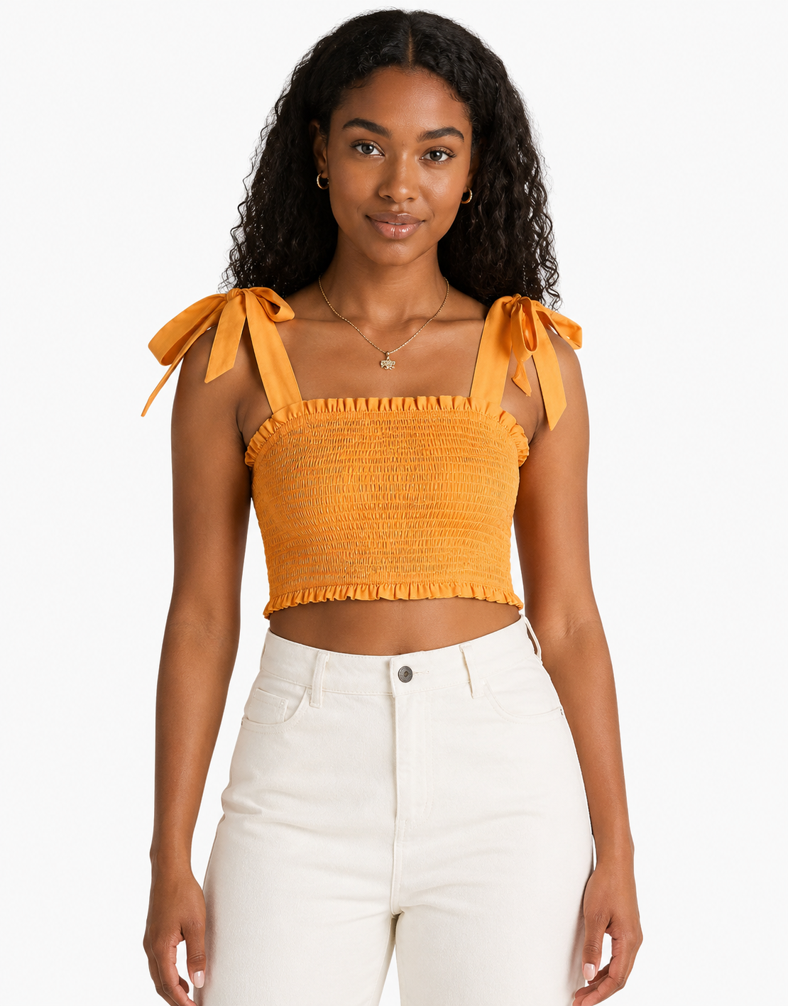 Influence Womens Tie Shoulder Shirred Crop Top in Rust