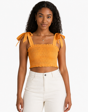 Influence Womens Tie Shoulder Shirred Crop Top in Rust