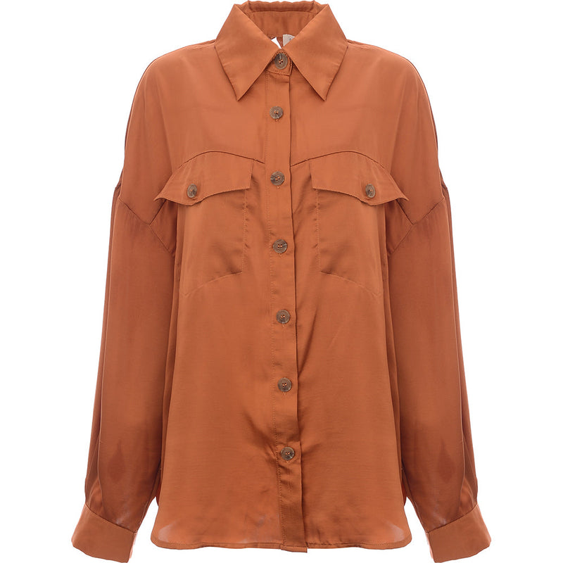 Ghospell Womens Oversized Satin Shirt with Open Back in Rust