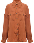 Ghospell Womens Oversized Satin Shirt with Open Back in Rust