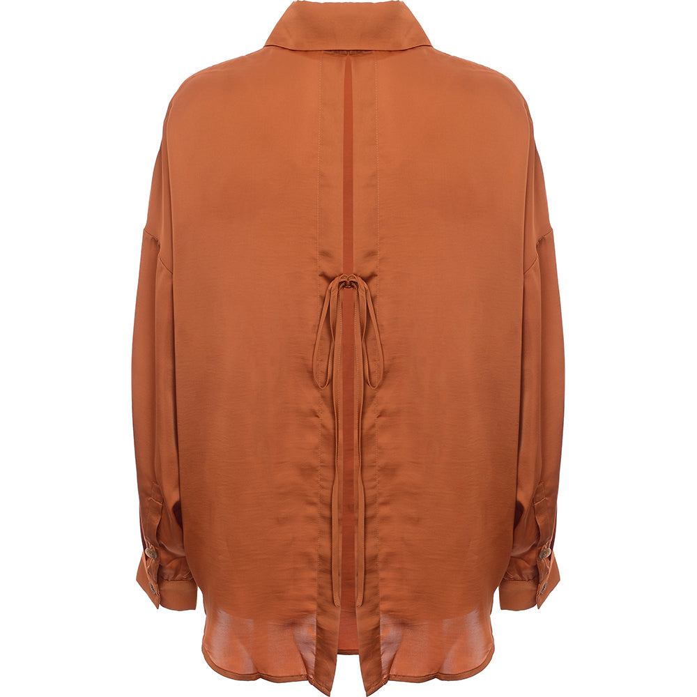 Ghospell Womens Oversized Satin Shirt with Open Back in Rust