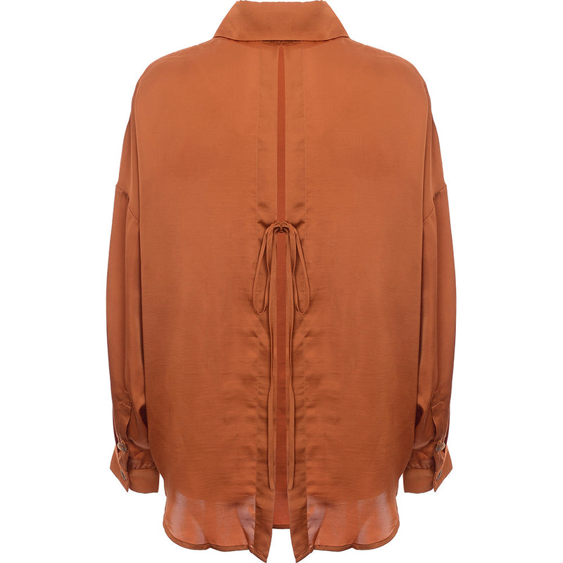 Ghospell Womens Oversized Satin Shirt with Open Back in Rust