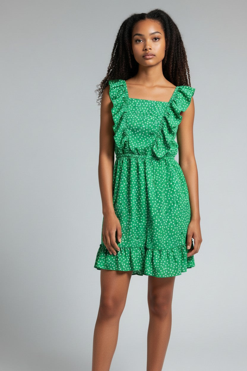 Ax Paris Womens Square Neck Frill Sleeve Polka Dot Dress in Green