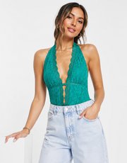 Love Triangle Womens Plunge Front Lace Body in Emerald Green