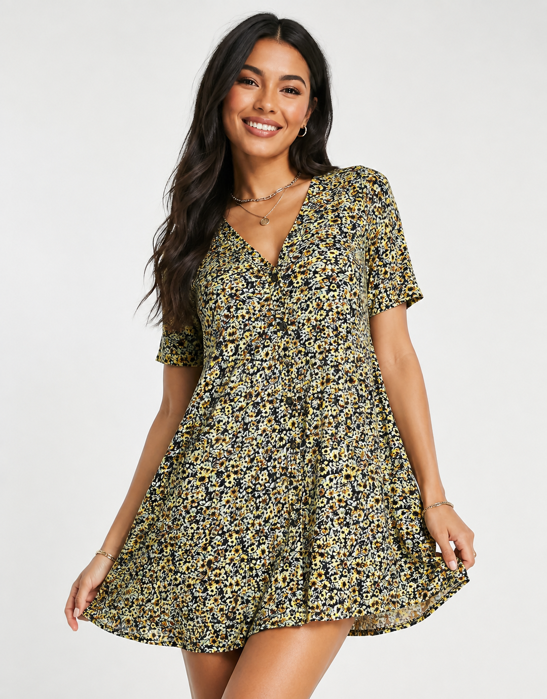 Motel Womens Button Up Mini Dress in Grunge Yellow Floral