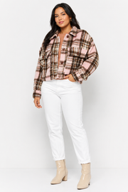Native Youth Womens Cropped Brushed Shacket in Pink Check