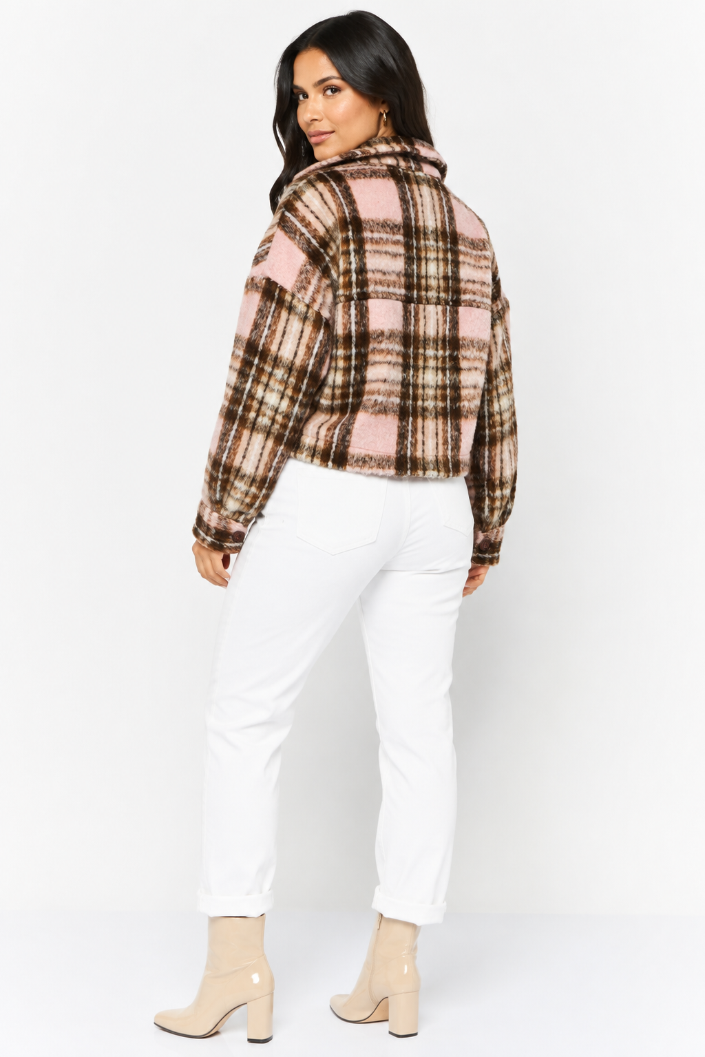 Native Youth Womens Cropped Brushed Shacket in Pink Check