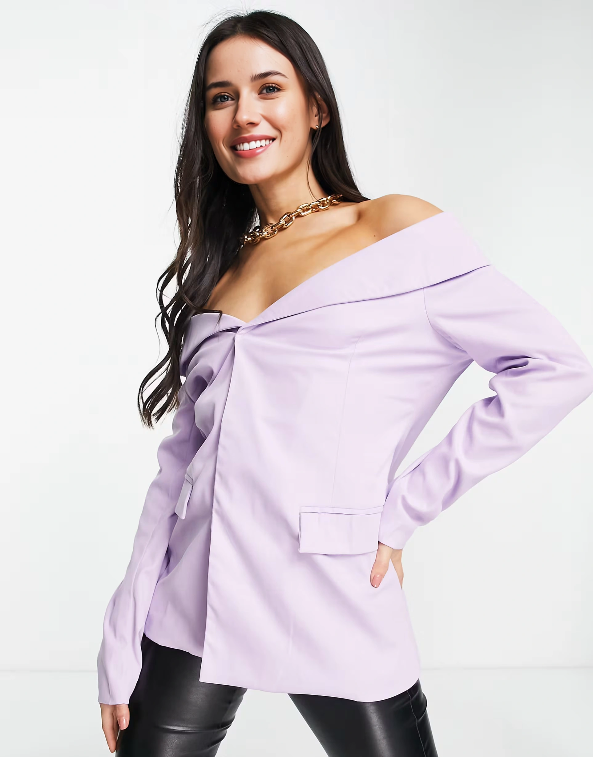 Missyempire Women's Lilac Off-The-Shoulder Tailored Blazer Co-Ord