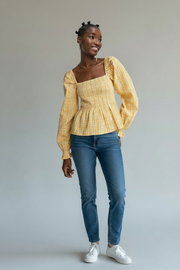 Envii Womens Shirred Square Neck Blouse in Apricot Check