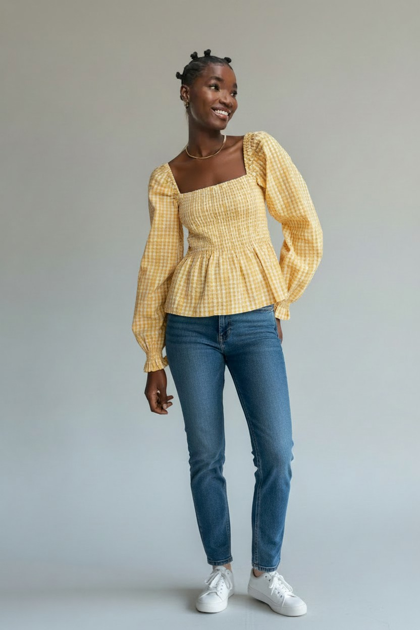 Envii Womens Shirred Square Neck Blouse in Apricot Check