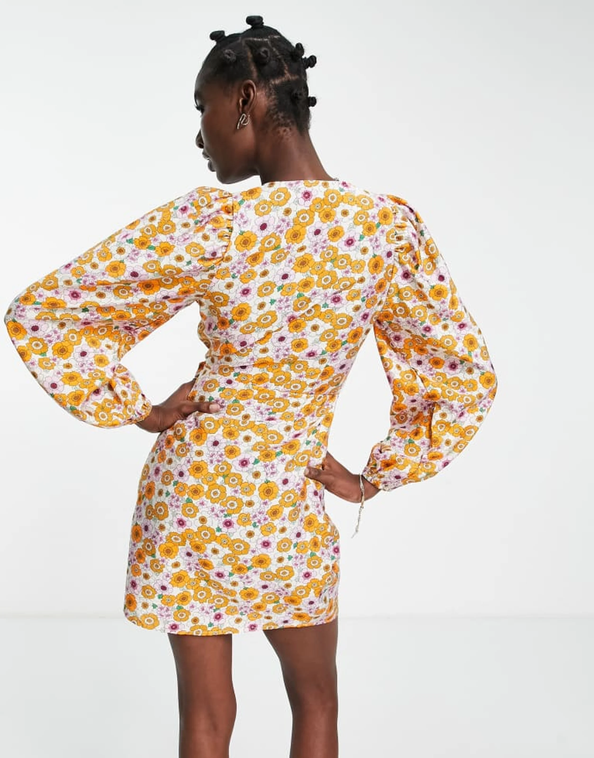 Envii Mini Wrap Dress With Balloon Sleeves in Retro Sunflower Print