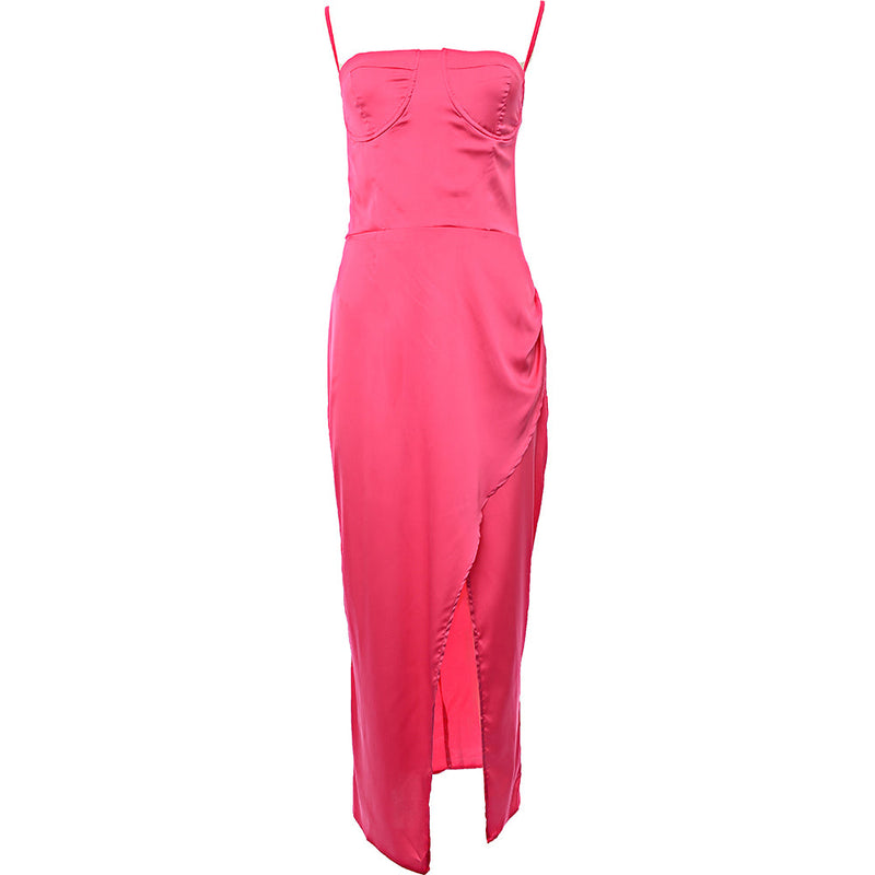 Femme Luxe Women's Pink Strappy Satin Dress with Underbust Detail